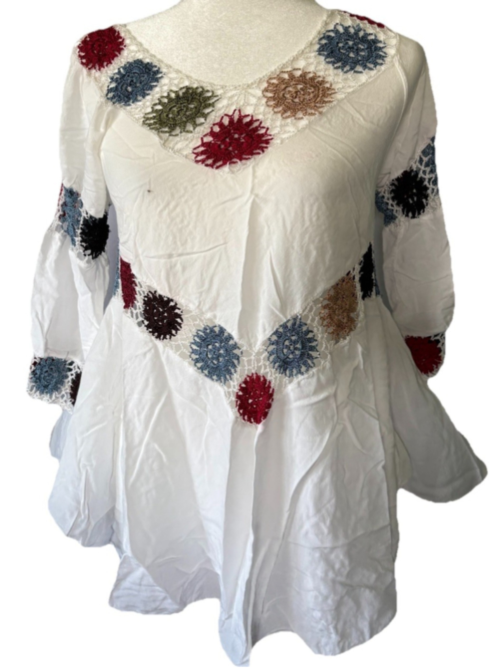 Boho Floral Crochet Accent Peplum Tunic Top Festival Hippie Granny Square Earthy